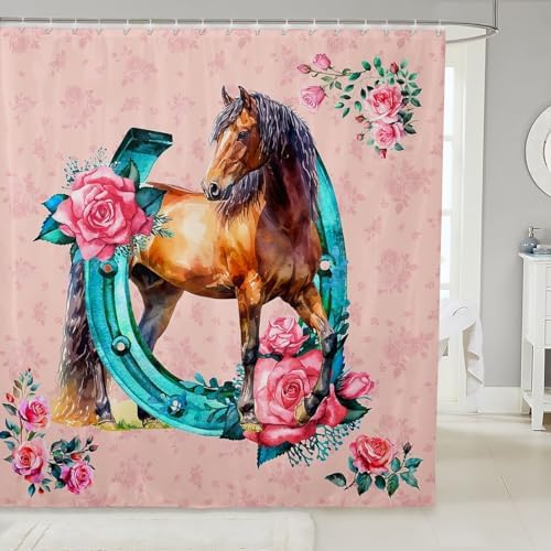 Feelyou Girls Horse Shower Curtain Pink Floral 72x72