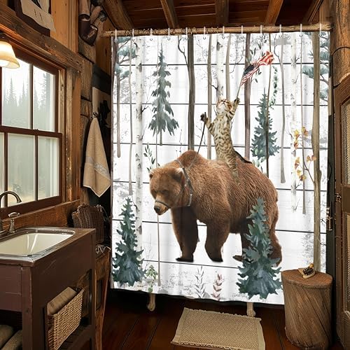 JAWO Funny Cat Bear Shower Curtain Birch Forest