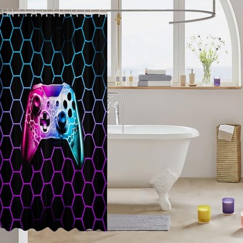 Gamepad Shower Curtain with Geometric Pattern Waterproof Stylish Adult Game Pad