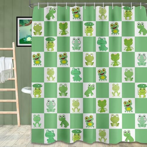 Frog Shower Curtain Green Checkered Kids Bathroom Decor
