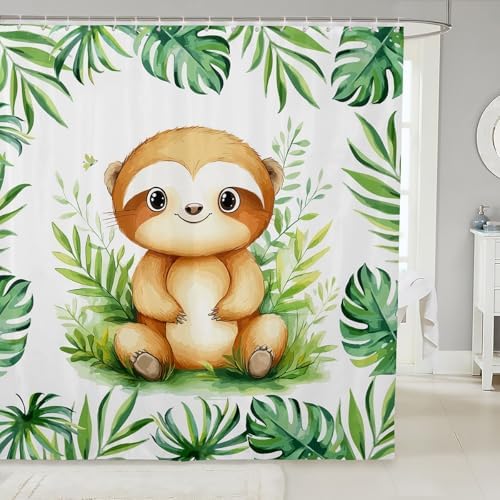 Manfei Kawaii Sloth - Tropical Leaves Plant Bath Curtain Set for Home Travel