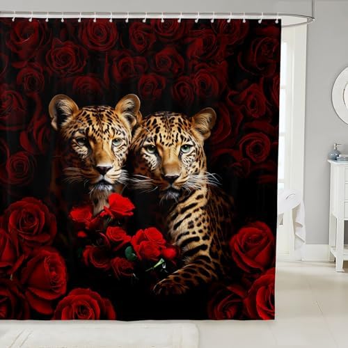 Kids Cheetah Valentines Day Shower Curtains Red Rose 72x72