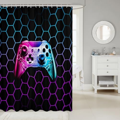 Gamepad Shower Curtain with Geometric Pattern Waterproof Stylish Adult Game Pad