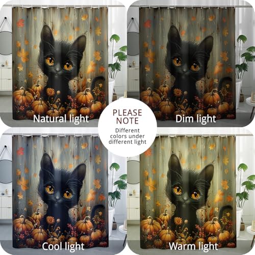 Halloween Cat 72x72 Autumn Wood Bath Shower Curtain with 12 Hooks