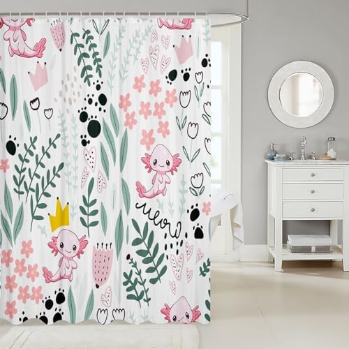 Manfei Axolotl Flower Print Waterproof Shower Curtain Set with 12 Hooks