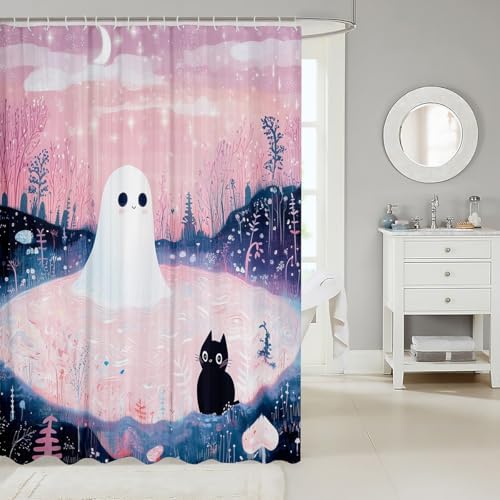 Manfei Kawaii Ghost Cat Waterproof Shower Curtain Set