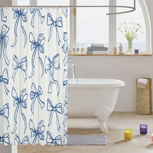 Feelyou Blue Bow Fabric Shower Curtain Cute Bowknot for Kids Boys Girls