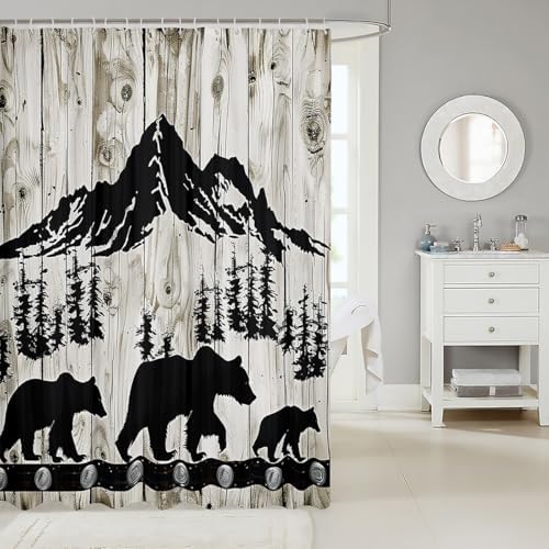 Manfei Bear Shower Curtain Set with 12 Hooks Black Tree Design
