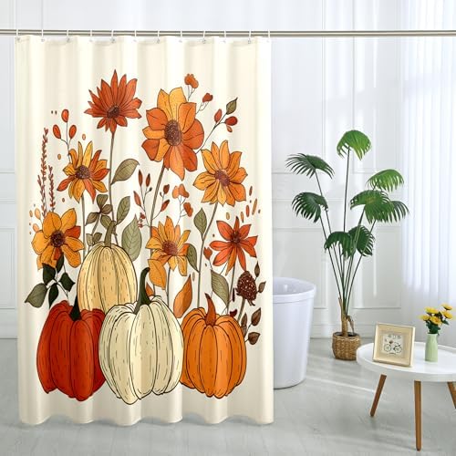 Fall Cream Pumpkin shower curtain set Autumn line drawing 62x72 TPHIHpT