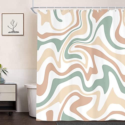 Aesthetic 70sAbstract Wavy Swirl Fabric Shower Curtain for Bathroom Retro Bohemian Style