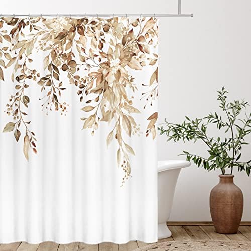 Tititex Tan Light Brown Leaves Faux Linen Shower Curtain Set 72x72 with Hooks