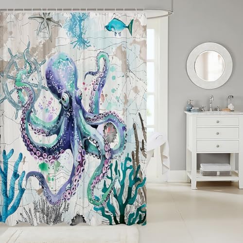 Feelyou Octopus Fabric Shower Curtain with 12 Hooks