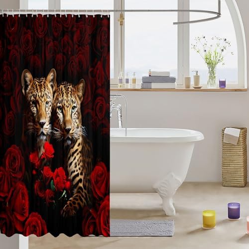Kids Cheetah Valentines Day Shower Curtains Red Rose 72x72