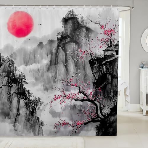 72x84 Red Cherry Blossoms Bomb Shell Bath Curtain