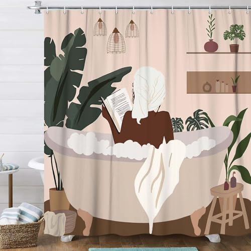 DYNH Boho Black Girl Afro Art Shower Curtain Set 47x64IN