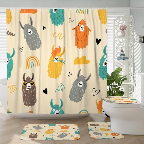 4PCS Cartoon Llama Bath Set with Non-Slip Rug U Toilet Covers
