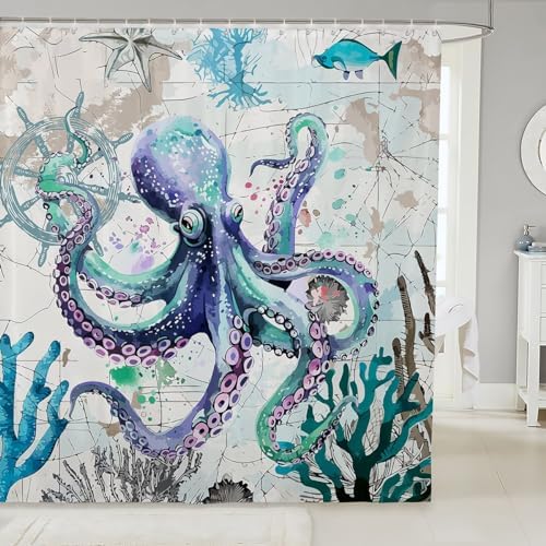 Feelyou Octopus Fabric Shower Curtain with 12 Hooks