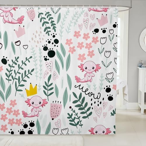 Manfei Axolotl Flower Print Waterproof Shower Curtain Set with 12 Hooks