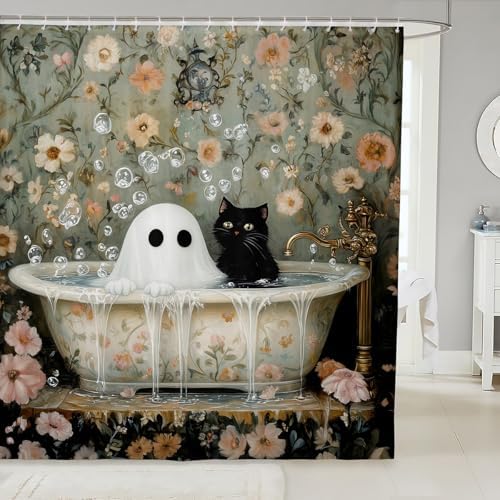Manfei Kawaii Ghost Cat Bathroom Curtains for Kids