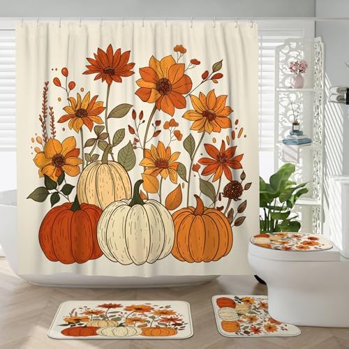 4PCS Fall Cream Pumpkin Shower Curtain Set