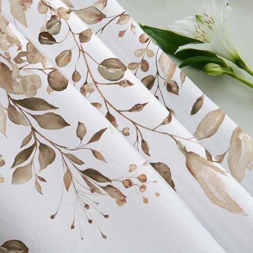 Tititex Tan Light Brown Leaves Faux Linen Shower Curtain Set 72x72 with Hooks