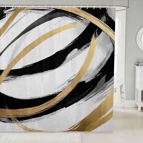 Patterned 72x72 Black White Geometric Washable Shower Curtain Set