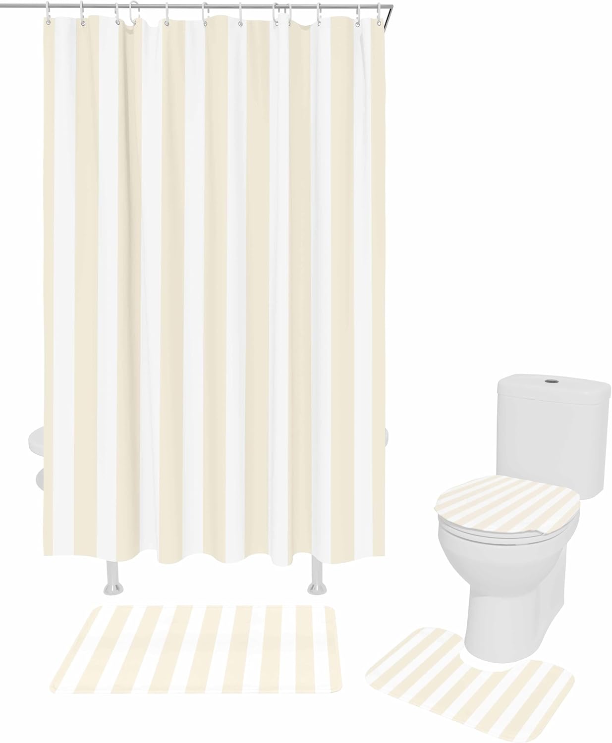 Cream Striped Bathroom Set with Shower Curtain Rug and Accessories