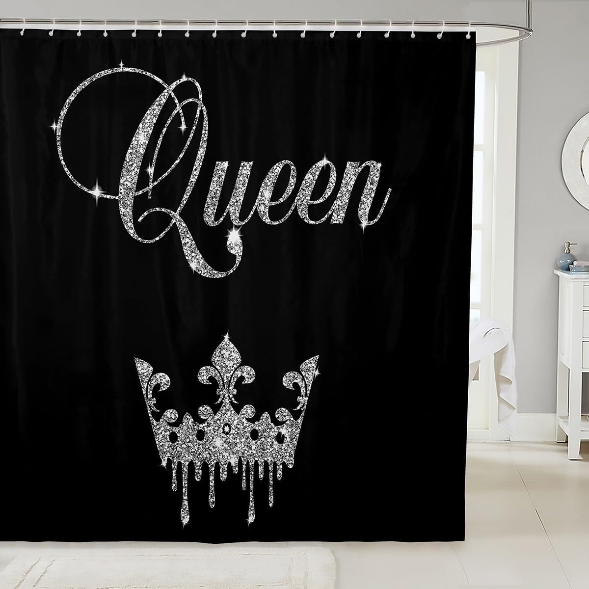 Feelyou Modern Queen Crown Shower Curtain Set Black Grey