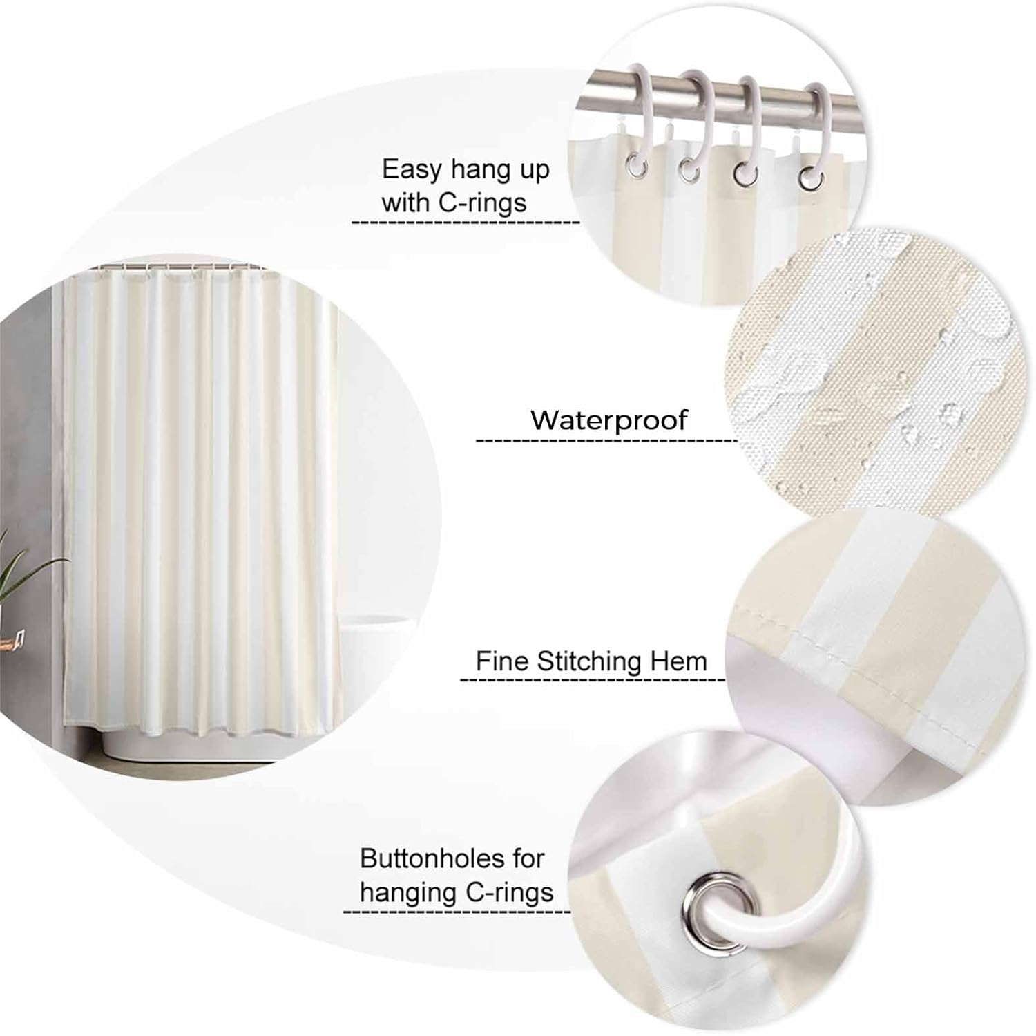 Cream Striped Bathroom Set with Shower Curtain Rug and Accessories