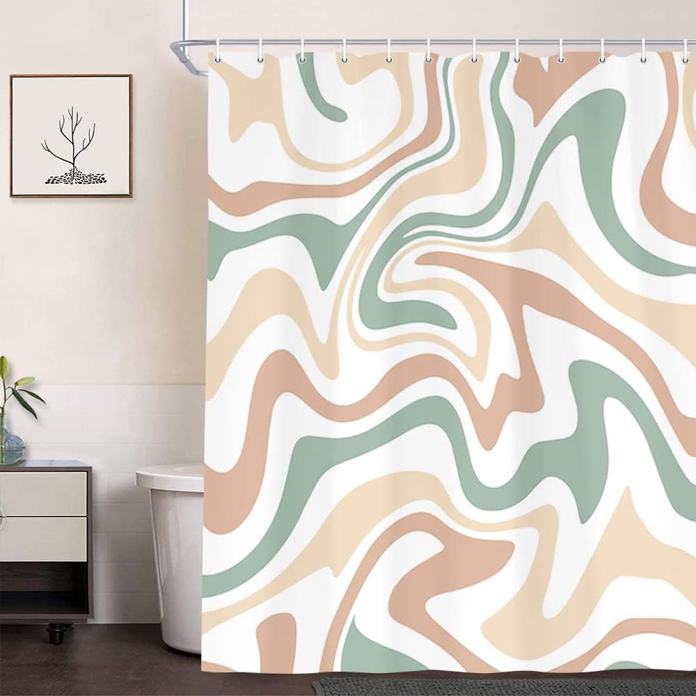 Aesthetic 70sAbstract Wavy Swirl Fabric Shower Curtain for Bathroom Retro Bohemian Style