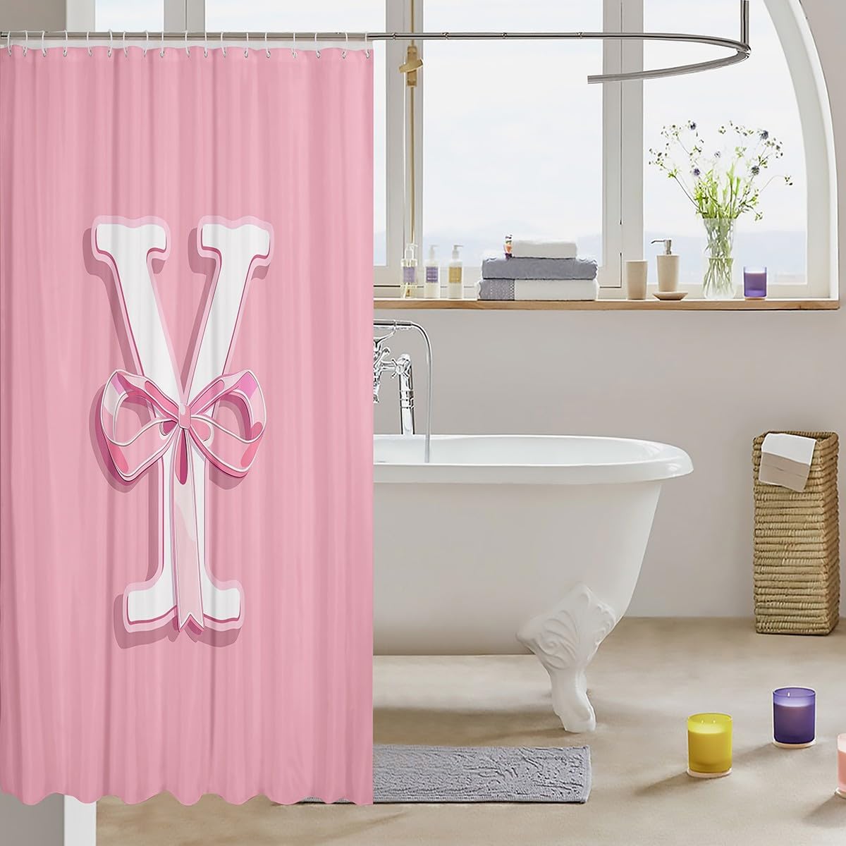 Stylish Kawaii Pink Bow Shower Curtain Set for Teen Girls with Monogram