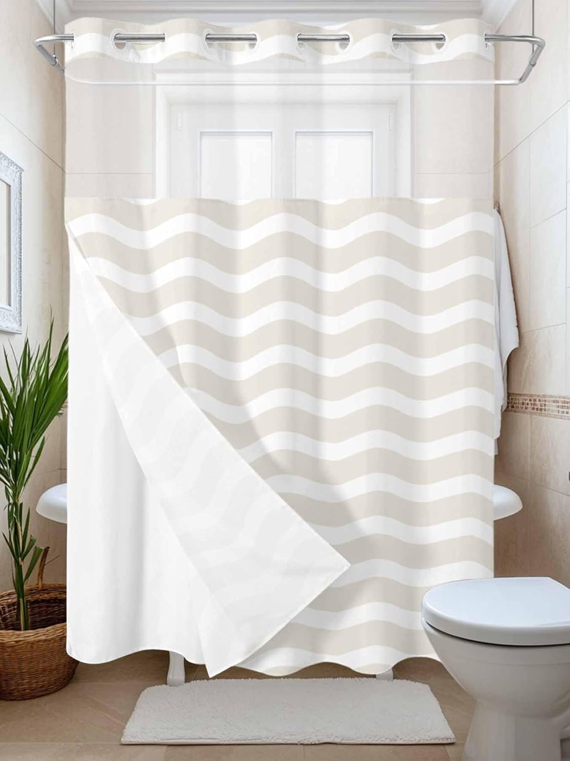 FFAPAODENS Abstract Beige Stripe Shower Curtain Set