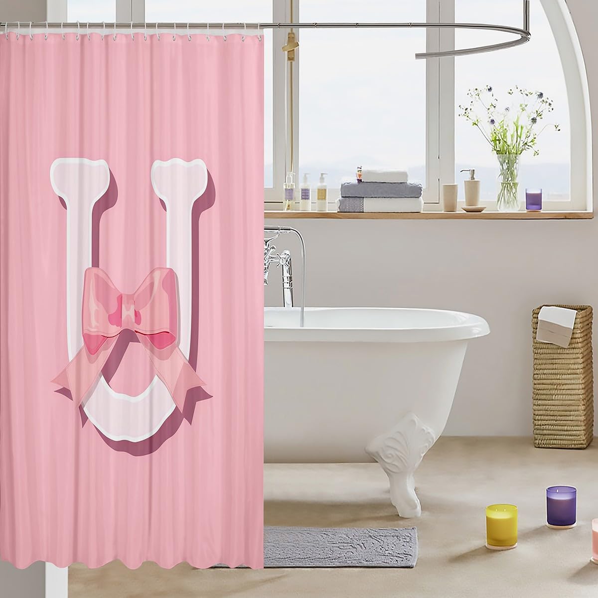 Kawaii Pink Bow Bath Curtain 72x72 Monogram for Kids Waterproof