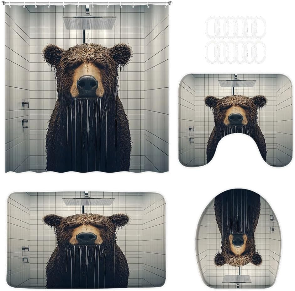 4-pc Funny Bear Bathroom Set with Modern Brown Design