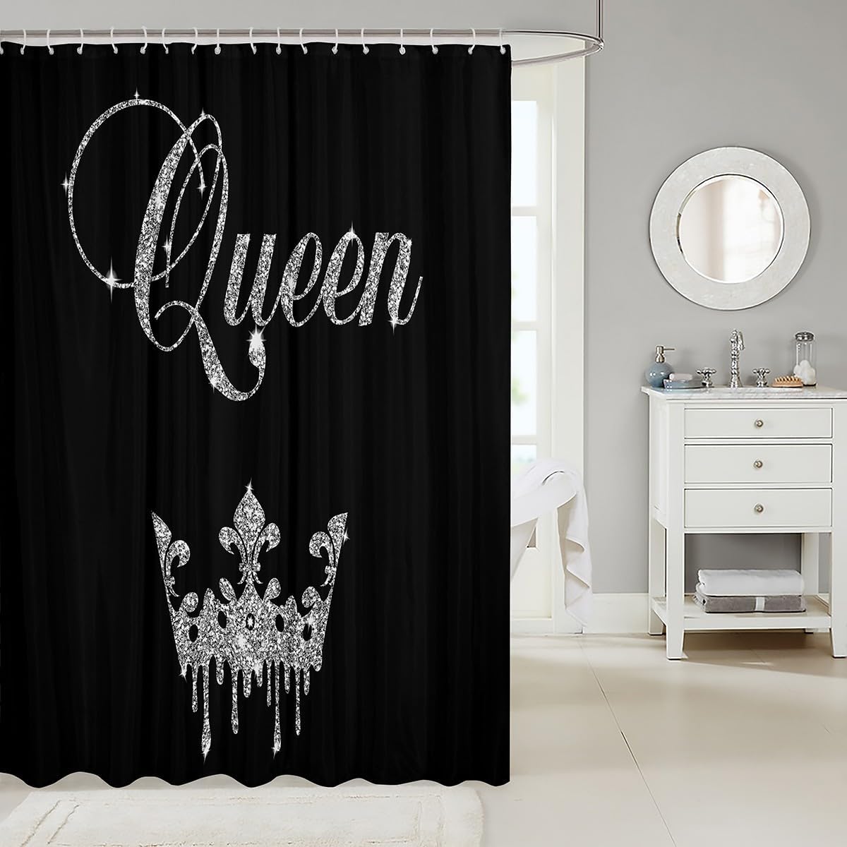 Feelyou Modern Queen Crown Shower Curtain Set Black Grey