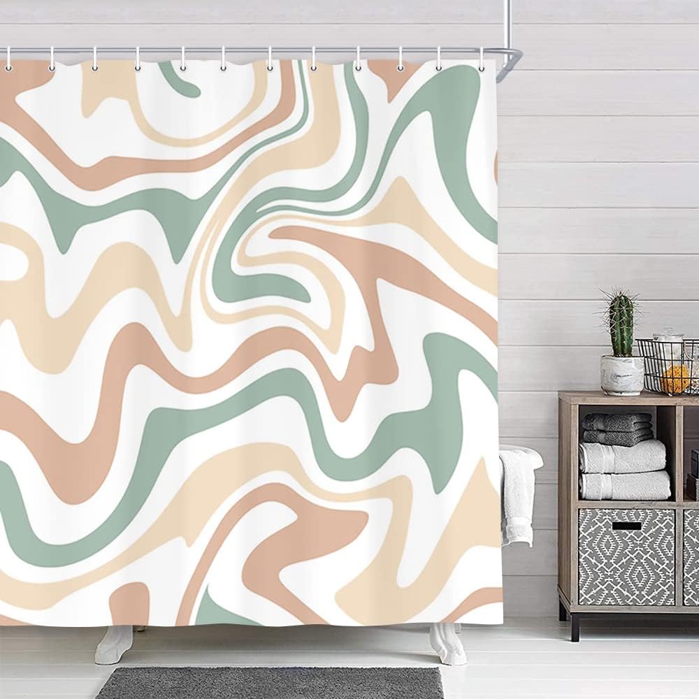 Aesthetic 70sAbstract Wavy Swirl Fabric Shower Curtain for Bathroom Retro Bohemian Style
