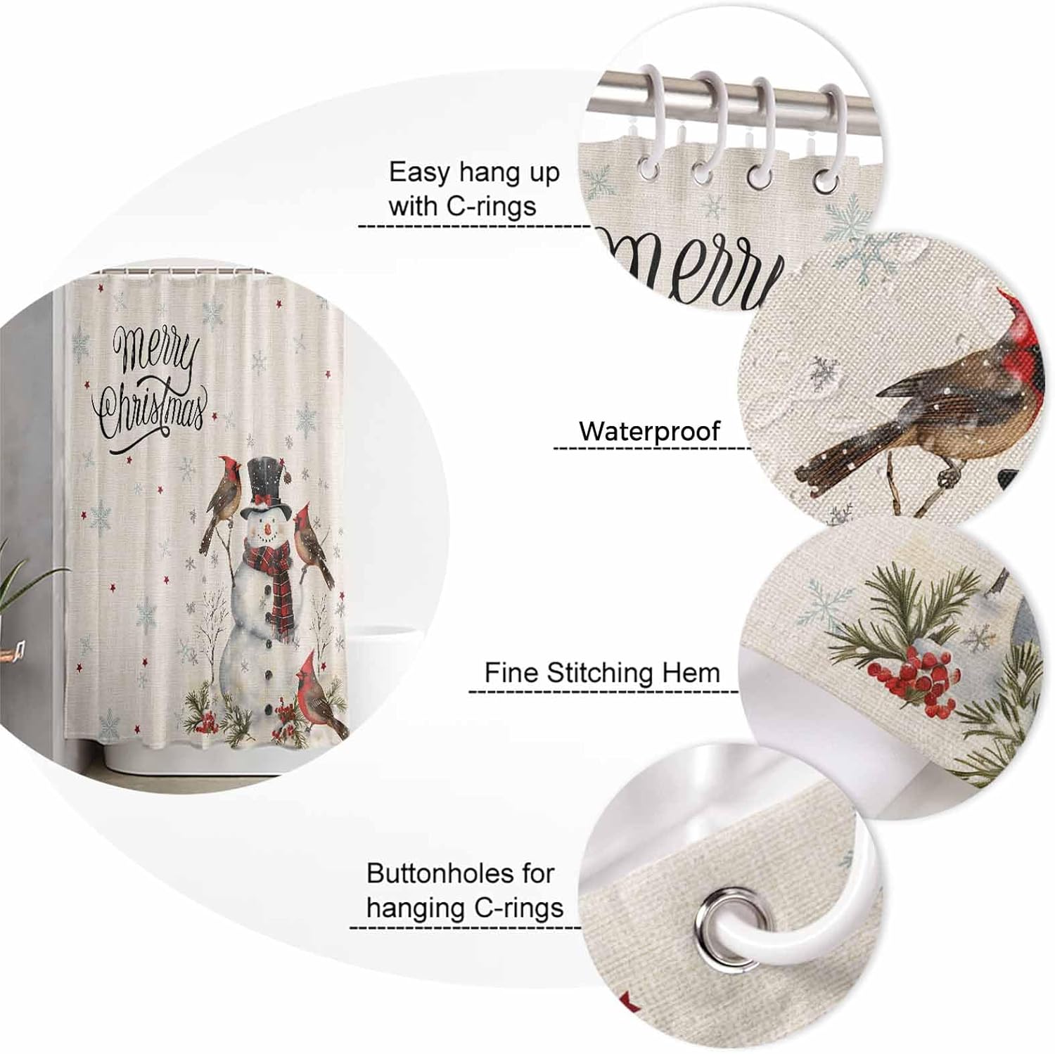 Anzona Beige Christmas Snowman Waterproof Shower Curtain
