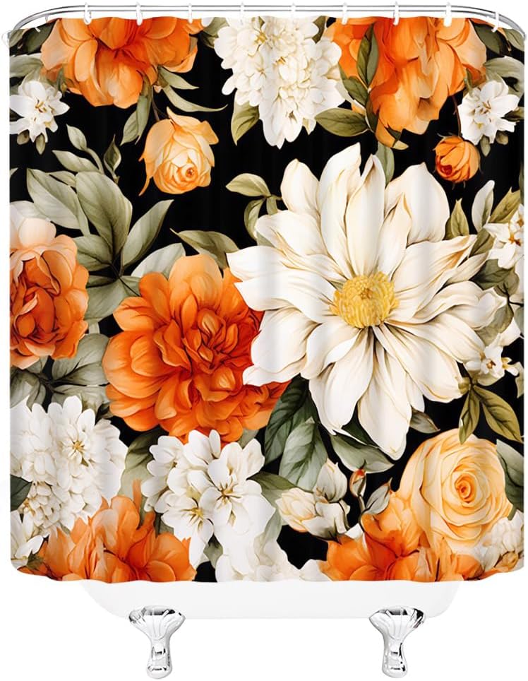 Vibrant Orange Floral Shower Curtain Set