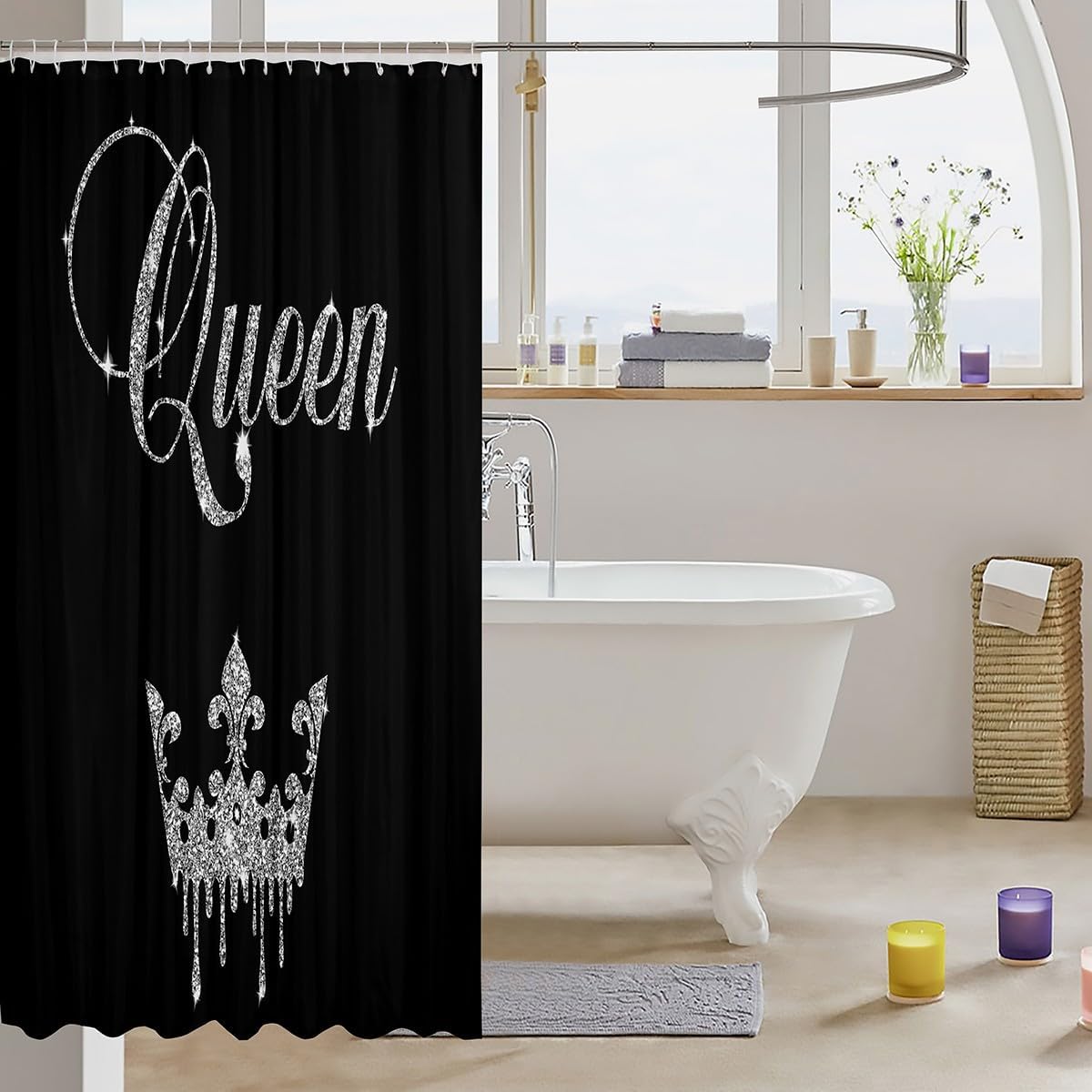 Feelyou Modern Queen Crown Shower Curtain Set Black Grey