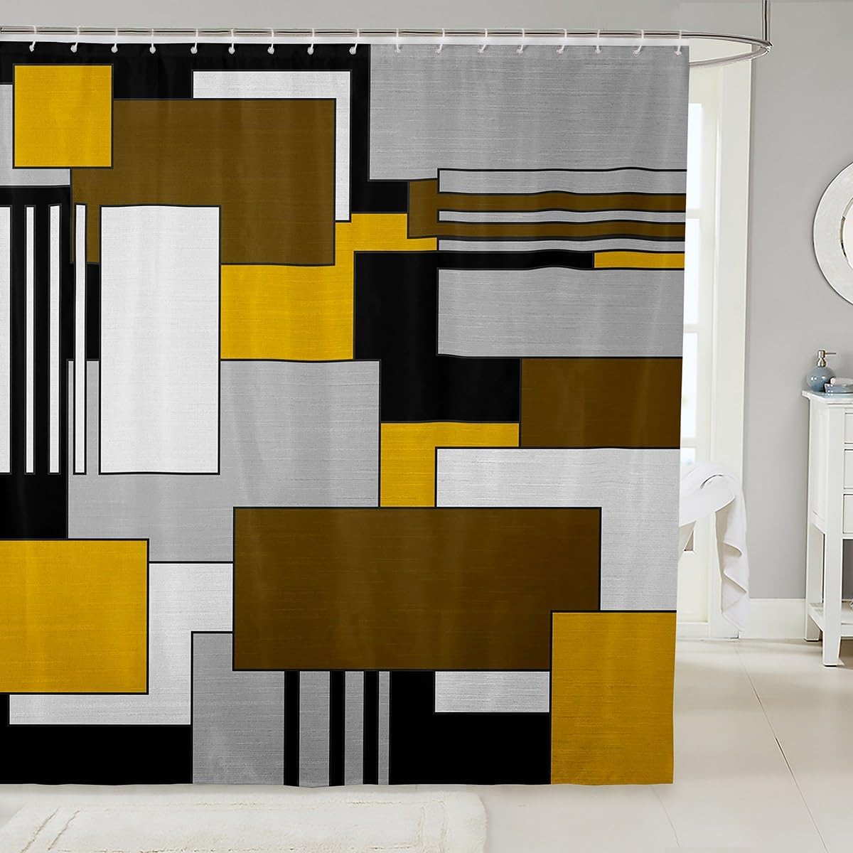 Yellow Gray Brown Geometric Shower Curtain Set