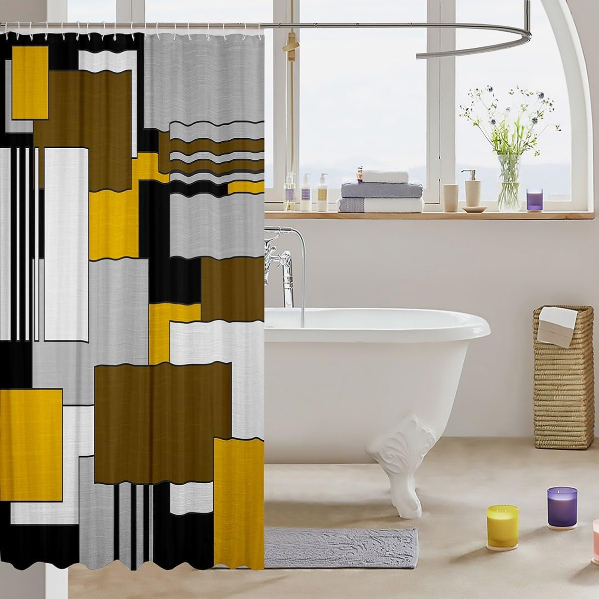 Yellow Gray Brown Geometric Shower Curtain Set