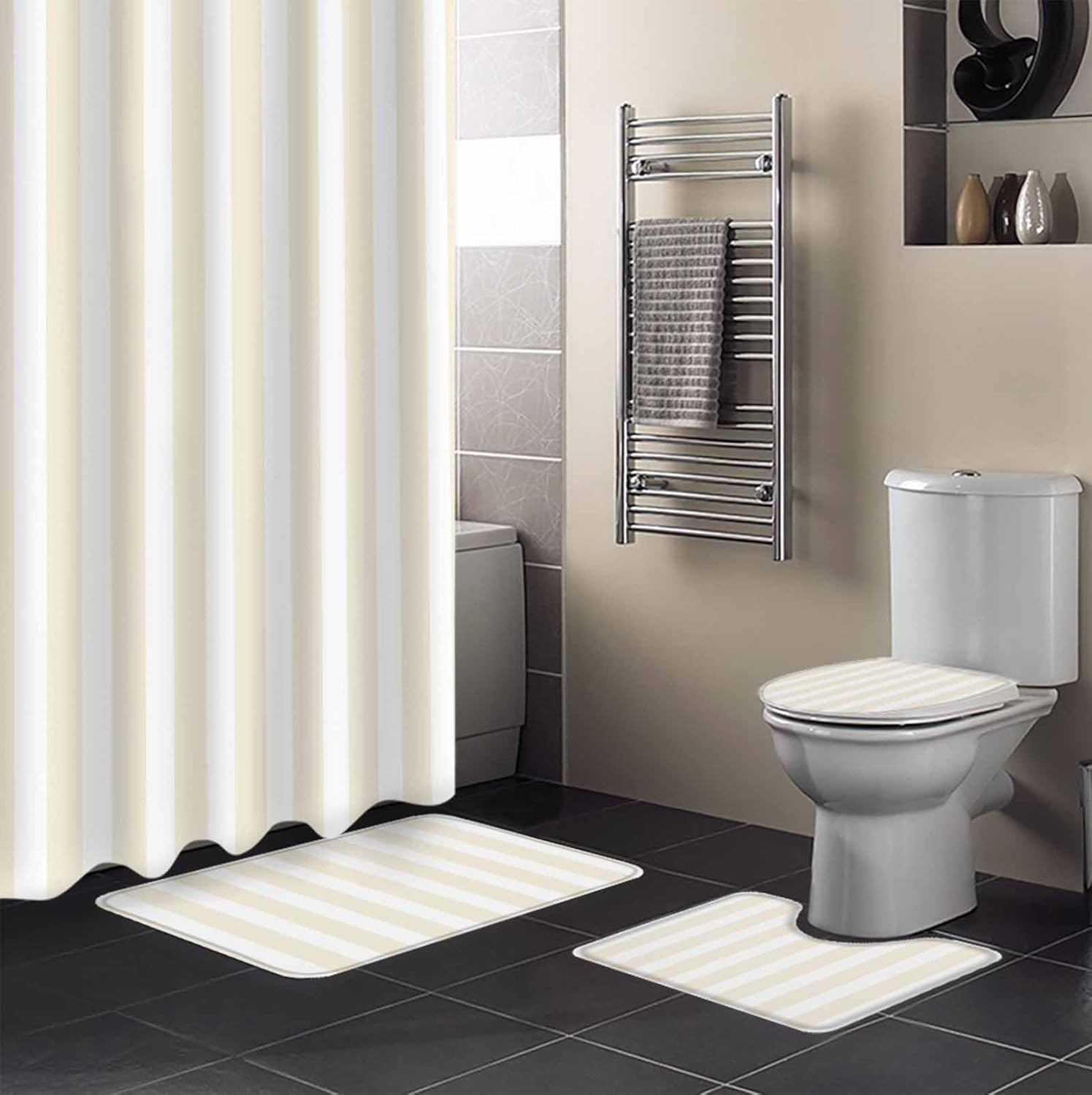 Cream Striped Bathroom Set with Shower Curtain Rug and Accessories