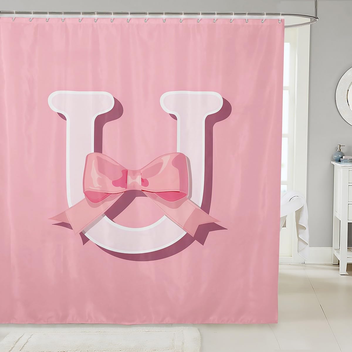 Kawaii Pink Bow Bath Curtain 72x72 Monogram for Kids Waterproof