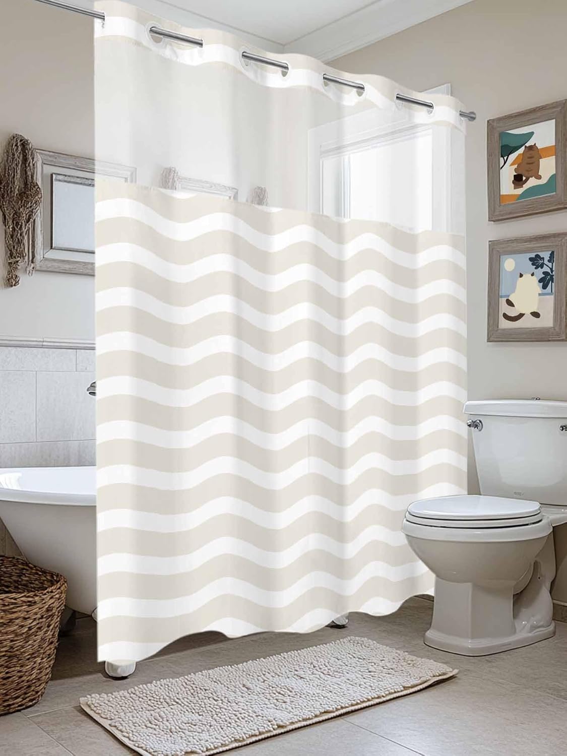 FFAPAODENS Abstract Beige Stripe Shower Curtain Set