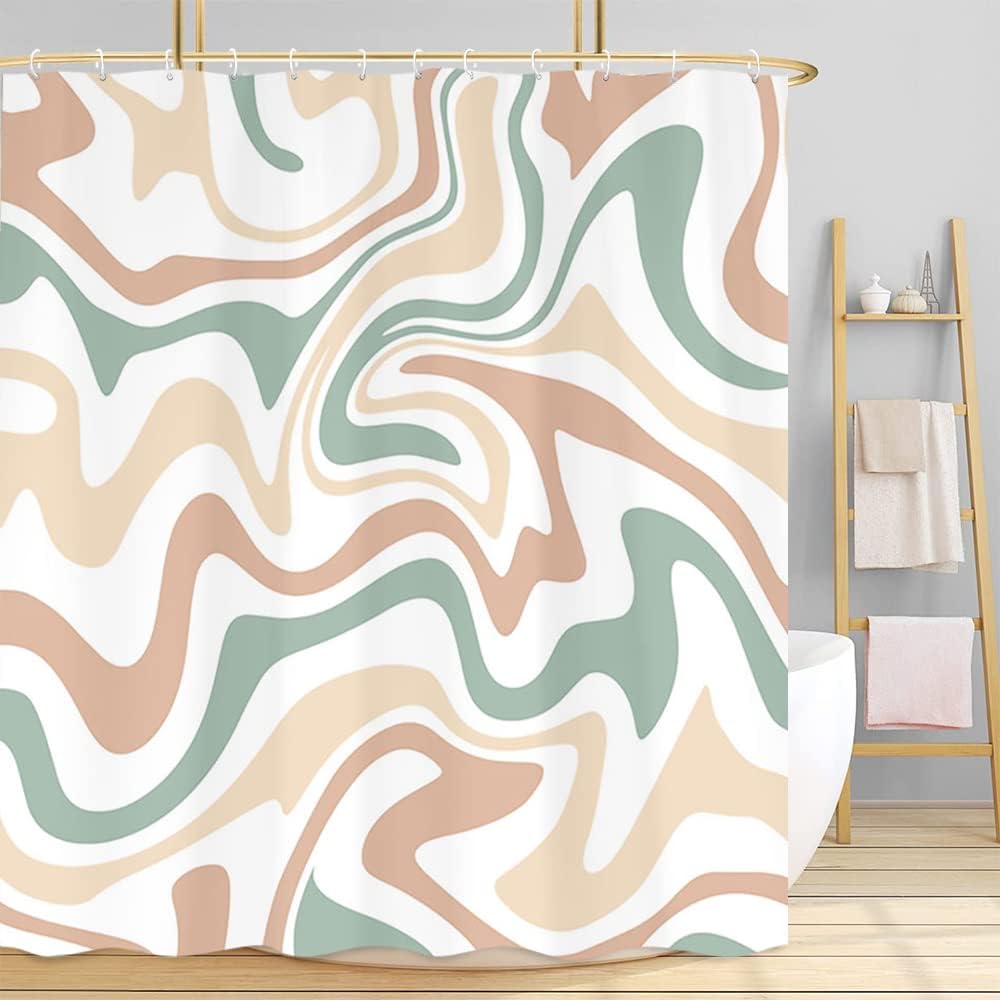Aesthetic 70sAbstract Wavy Swirl Fabric Shower Curtain for Bathroom Retro Bohemian Style