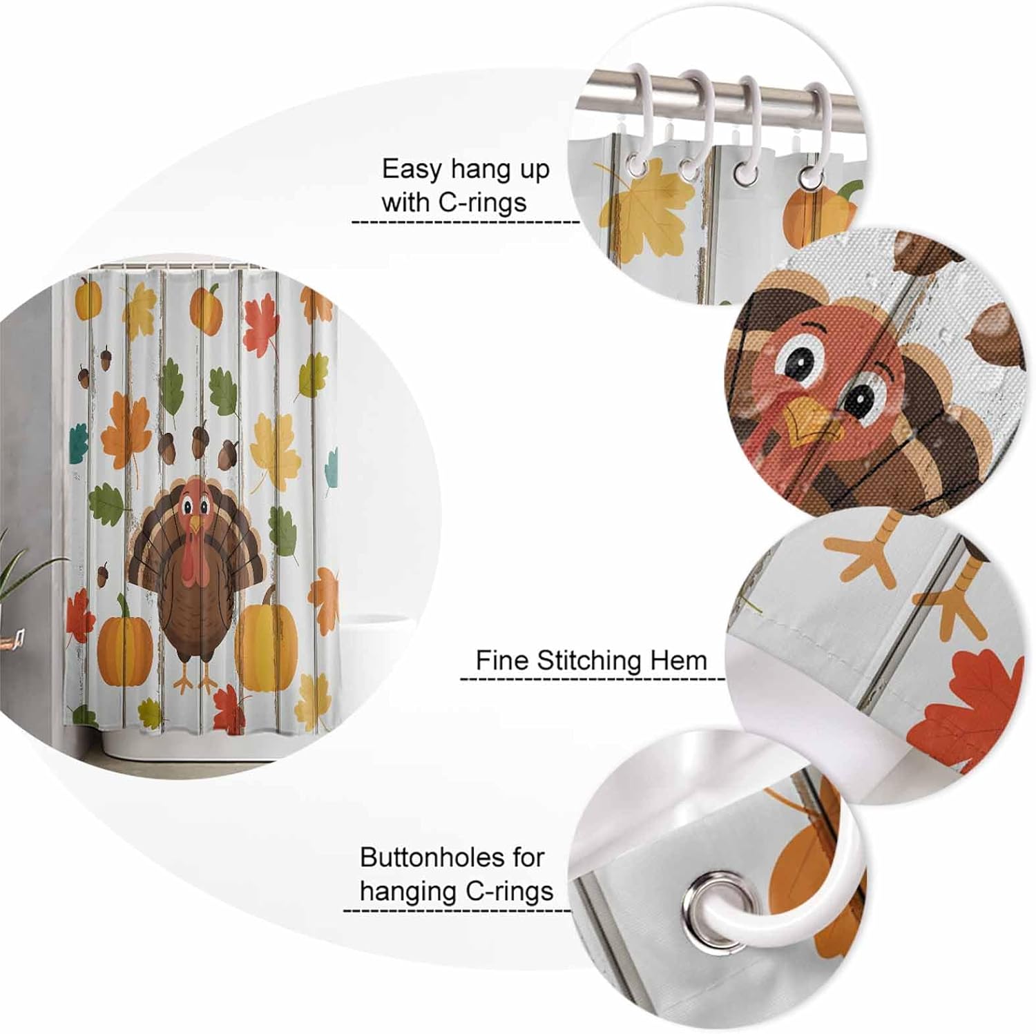 Thanksgiving 4-Piece Bath Set Turkey Acorn Shower Curtains Mats
