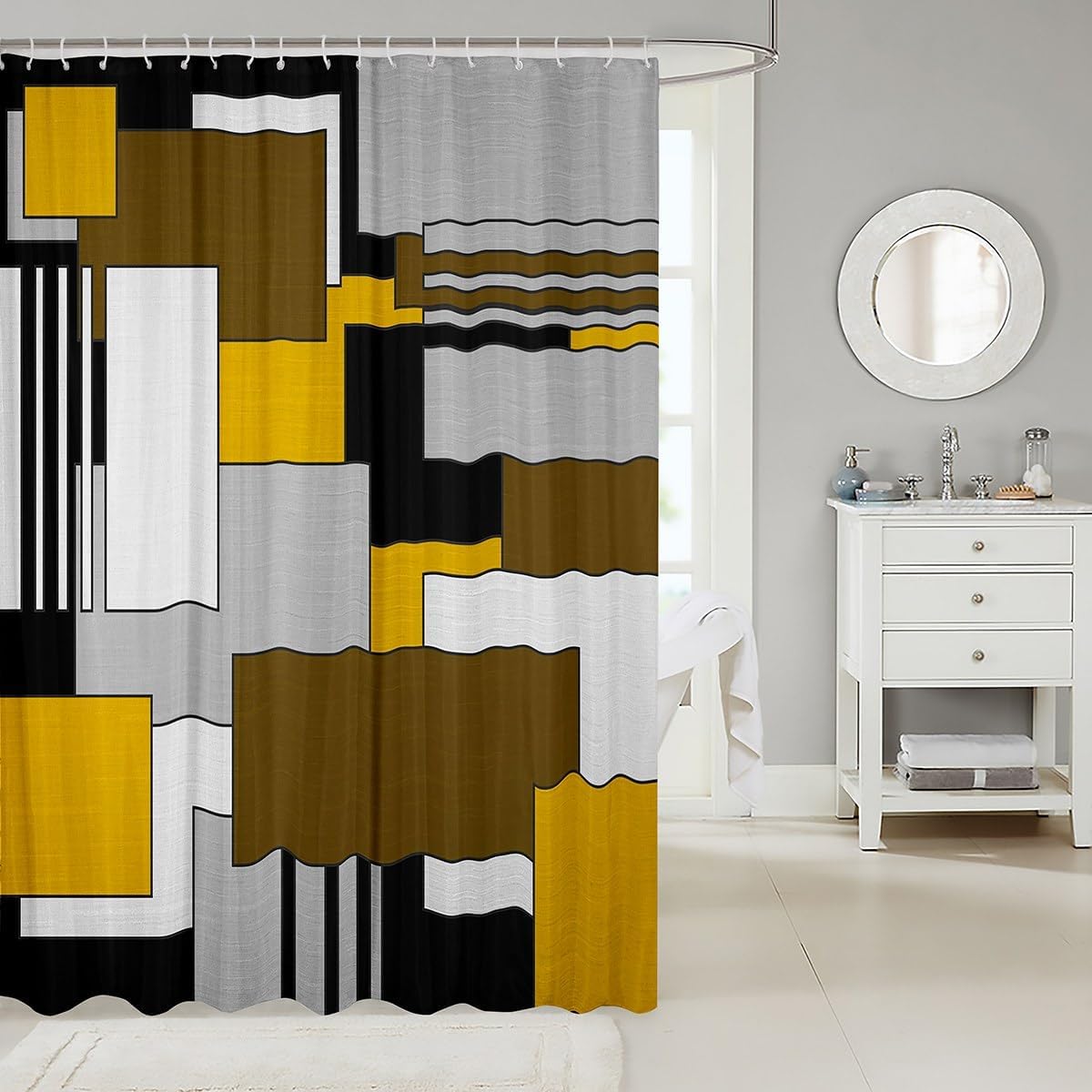 Yellow Gray Brown Geometric Shower Curtain Set