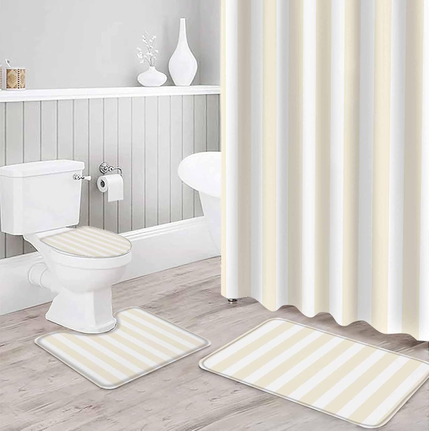 Cream Striped Bathroom Set with Shower Curtain Rug and Accessories