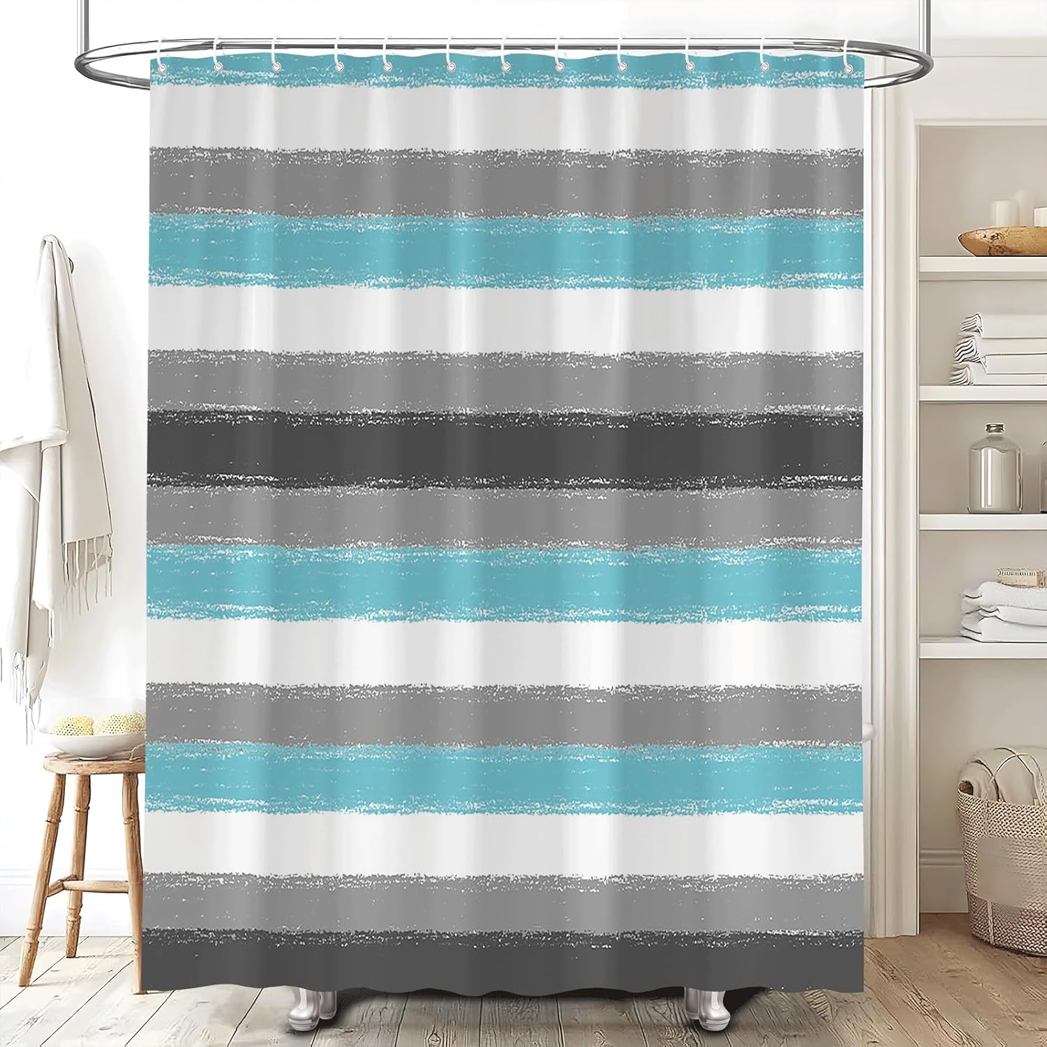 Teal Striped Shower Curtain Set with Hooks 70x70 Inch