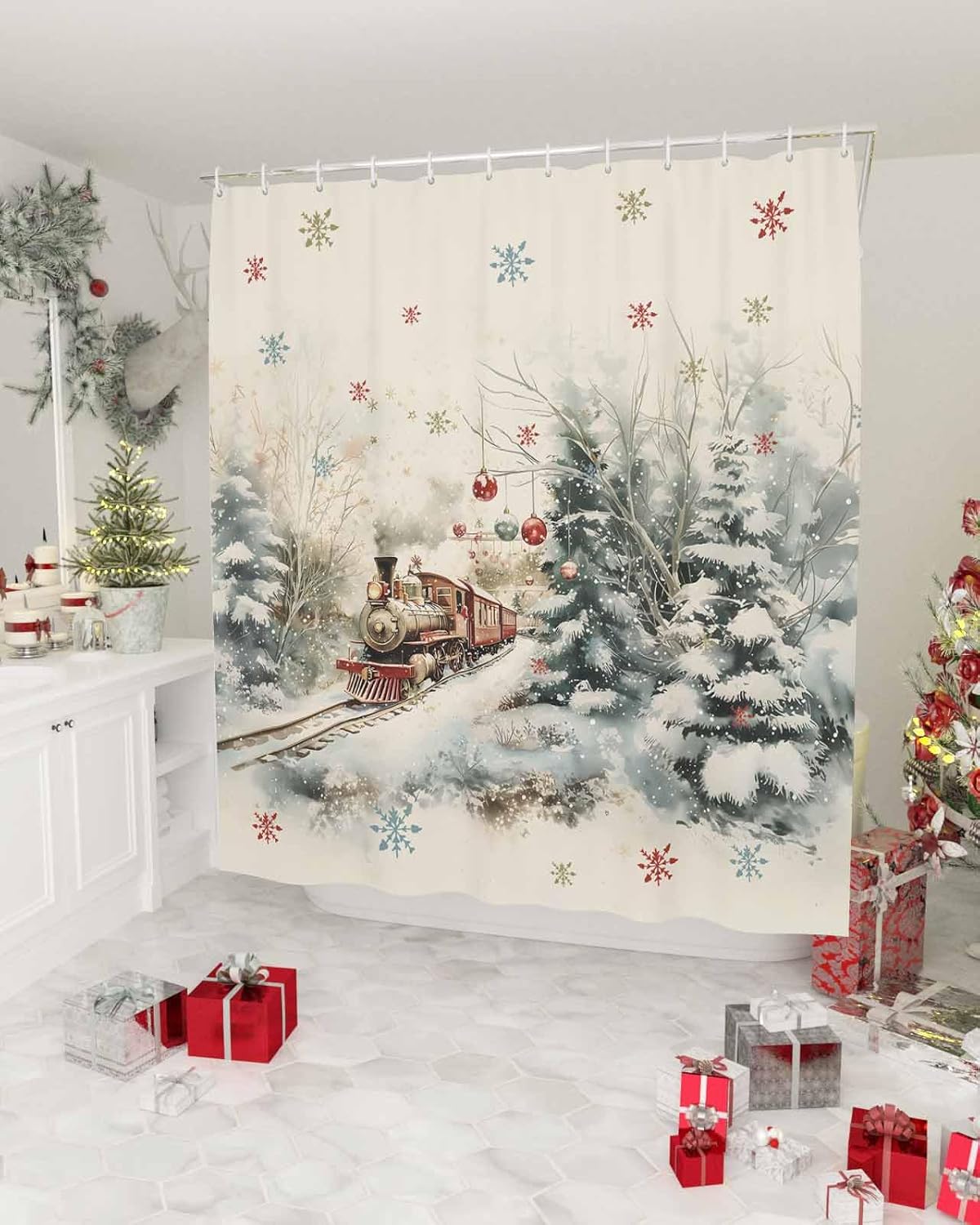 Perfect Christmas Train Forest Fabric Shower Curtain Set 36x72-Inch